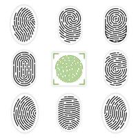 Set of vector illustrations of security fingerprint authentication. Finger identity, technology biometric illustration. Fingerprint template collection