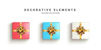 Collection of realistic gift boxes, decorative presents isolated on white background. Top view. Vector illustration