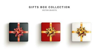 Collection of realistic gift boxes, decorative presents isolated on white background. Vector illustration