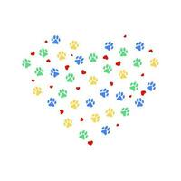 Heart with color animasl paw prints and many hearts. Vector illustration
