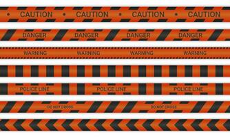 Police lines and don't cross ribbons. Caution and danger tapes in red and black color. Warning signs collection isolated on white background. Vector illustration