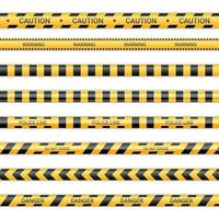 Police lines and don't cross ribbons. Caution and danger tapes in yellow and black color. Warning signs collection isolated on white background. Vector illustration