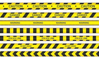 Police lines and don't cross ribbons. Caution and danger tapes in yellow and black color. Warning signs collection isolated on white background. Vector illustration