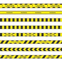 Police lines and don't cross ribbons. Caution and danger tapes in yellow and black color. Warning signs collection isolated on white background. Vector illustration