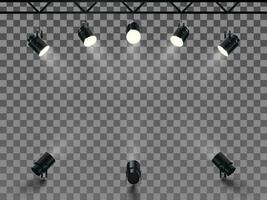 Spotlights with bright white light shining stage. Collections projectors with Illuminated effect . Set of projector for studio on transperent background. Vector illustration