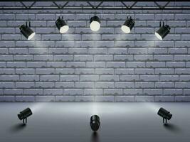 Spotlights with bright white light shining stage. Collections projectors with Illuminated effect . Set of projector for studio with brick wall. Vector illustration