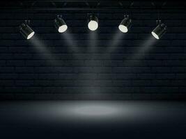 Spotlights with bright white light shining stage. Collections projectors with Illuminated effect . Set of projector for studio with brick wall. Vector illustration