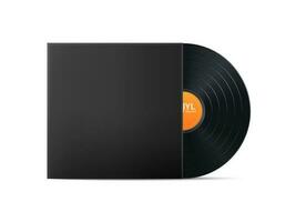 Black Vinyl Music Record. Realistic vintage gramophone disc with cover mockup. Retro design. Vector illustration