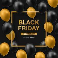 Black friday sale poster with shiny balloons on dark background with square frame. Vector illustration