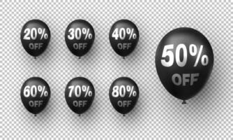 Trendy black balloons with discounts percentage. Vector illustration