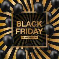 Black friday sale poster with shiny balloons on dark background with square frame. Vector illustration
