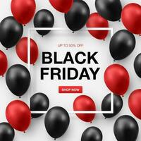 Black friday sale poster with shiny black and red balloons on white background with square frame. Vector illustration