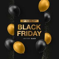 Black friday sale poster with shiny balloons on dark background with square frame. Vector illustration