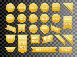 Vector gold labels isolated on white background. Sale promotion, website stickers, new offer badge collection. Flat badges discount and tags. Best choice tags.  Vector illustration