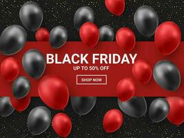 WebBlack friday sale poster with shiny balloons on dark background with red square frame. Vector illustration