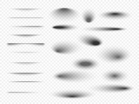 Set of transparent shadow with soft edges. Realistic shadow effect isolated on transparent background different shapes. Vector illustration