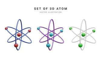 Set of 3d realistic atom with orbital electrons isolated on white background. Nuclear energy, scientific research, molecular chemistry, physics science concept. Vector illustration