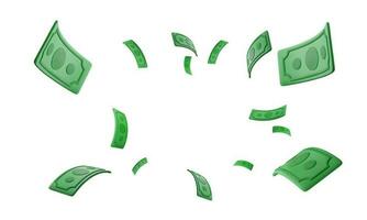 Set of 3d realistic falling green paper currency. Paper money bill flying. Vector illustration