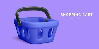 3d realistic blue plastic shopping cart isolated on light background. Vector illustration