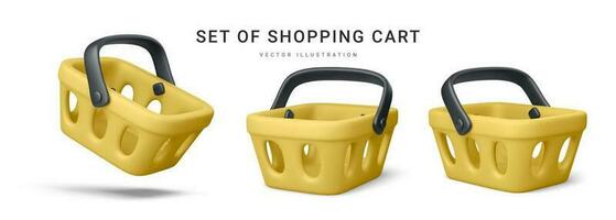 Set of 3d realistic yellow plastic shopping cart isolated on white background. Vector illustration