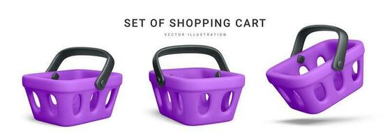 Set of 3d realistic purple plastic shopping cart isolated on white background. Vector illustration