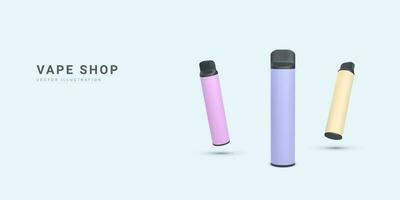 3d realistic promotion banner with disposable electronic cigarettes isolated on light background. Modern smoking, vaping and nicotine with different flavors. Vector illustration