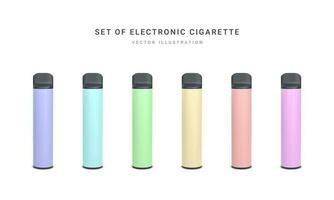 Set of 3d realistic disposable electronic cigarette isolated on white background. Modern smoking, vaping and nicotine with different flavors. Vector illustration