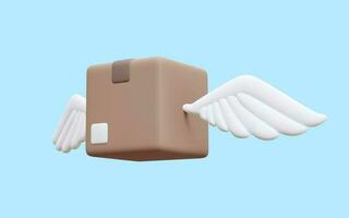 3d realistic parcel with wings isolated on blue background. Cardboard boxes for delivery service concept in cartoon style. Vector illustration