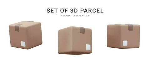 Set of 3d realistic parcel isolated on white background. Cardboard boxes for delivery service concept in cartoon style. Vector illustration