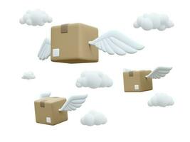 3d realistic flying cardboard boxes with wings in the clouds. Fast delivery service concept in cartoon style. Vector illustration