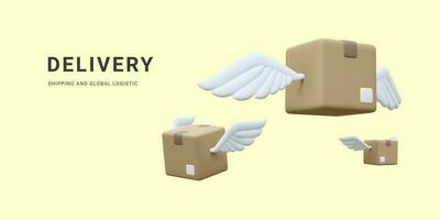 3d realista volador cartulina cajas con alas. paquete o empaquetar rápido entrega Servicio concepto en dibujos animados estilo. vector ilustración
