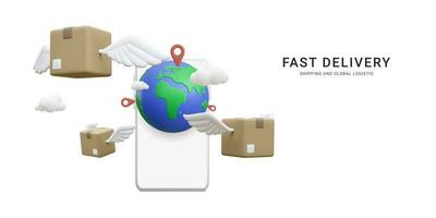 3d realistic parcels flying from mobile phone with world map. Online delivery service in cartoon style. Vector illustration