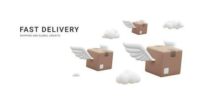 3d realistic flying cardboard boxes with wings in the clouds. Fast delivery service concept in cartoon style. Vector illustration