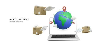 3d realistic parcels flying from laptop with world map. Online delivery service in cartoon style. Vector illustration