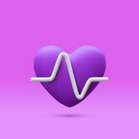 3d realistic violet heart with white pulse for medical apps and websites. Medical healthcare concept. Heart pulse, heartbeat line, cardiogram. Vector illustration