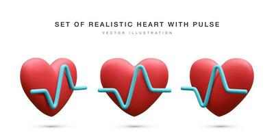 Set of 3d realistic red heart with blue pulse for medical apps and websites. Medical healthcare concept. Heart pulse, heartbeat line, cardiogram. Vector illustration