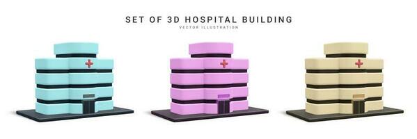 Set of 3d realistic hospital building isolated on white background. Healthcare design concept. Vector illustration