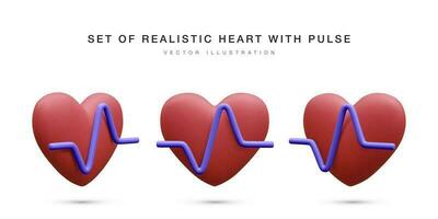 Set of 3d realistic red heart with blue pulse for medical apps and websites. Medical healthcare concept. Heart pulse, heartbeat line, cardiogram. Vector illustration