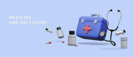 3d realistic first aid kit with stethoscope, pill boxes and syringe isolated on blue background. Vector illustration