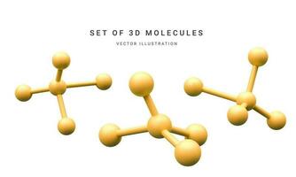 Set of 3d realistic abstract gold molecules isolated on white background. Vector illustration