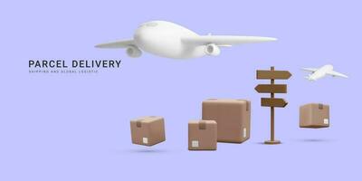 3d realistic banner for air shipping and global logistic. Concept for fast parcel delivery service. Vector illustration