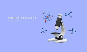 3d realistic banner with microscope, molecules and atom isolated on blue background. Medicine, biology, chemistry and science concept in cartoon style. Vector illustration