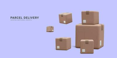 3d realistic pile of cardboard boxes for fast shipping banner. Concept for fast delivery service. Vector illustration