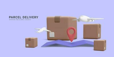 3d realistic banner for air shipping and global logistic. Concept for fast delivery service and parcel tracking. Vector illustration