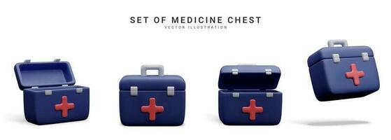 Set of 3d realistic medicine chest isolated on white background. First aid kit in cartoon style. Vector illustration