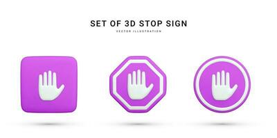 Set of 3d realistic stop sign isolated white background. Hand stop symbol. Traffic stop. Symbol of restricted and dangerous. Vector illustration