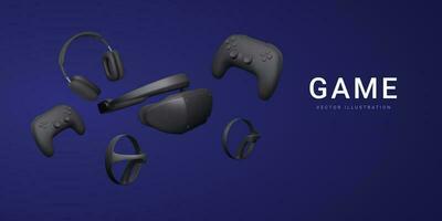 3d realistic black virtual reality glasses, gamepads, headphones and gaming controller isolated on dark background. Time to game concept. Vector illustration