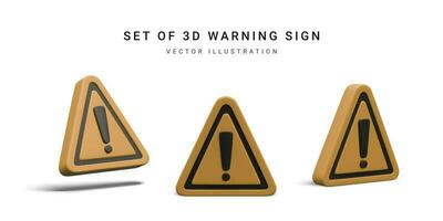 Set of 3d realistic triangle warning sign with exclamation mark isolated on white background. Vector illustration