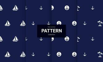 Set of  blue nautical seamless patterns on white background. Vector seamless texture