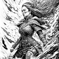un mujer con largo pelo y un espada en su mano, corriendo mediante un negro y blanco tinta ai generado foto